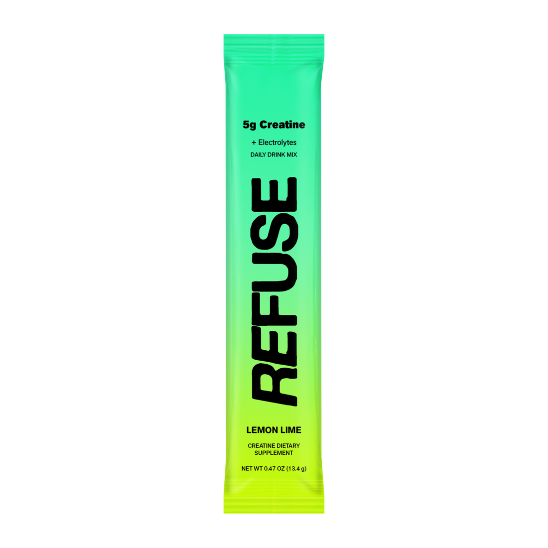 A REFUSE lemon lime pouch beside three sticks and a pile of the powder on a kitchen counter