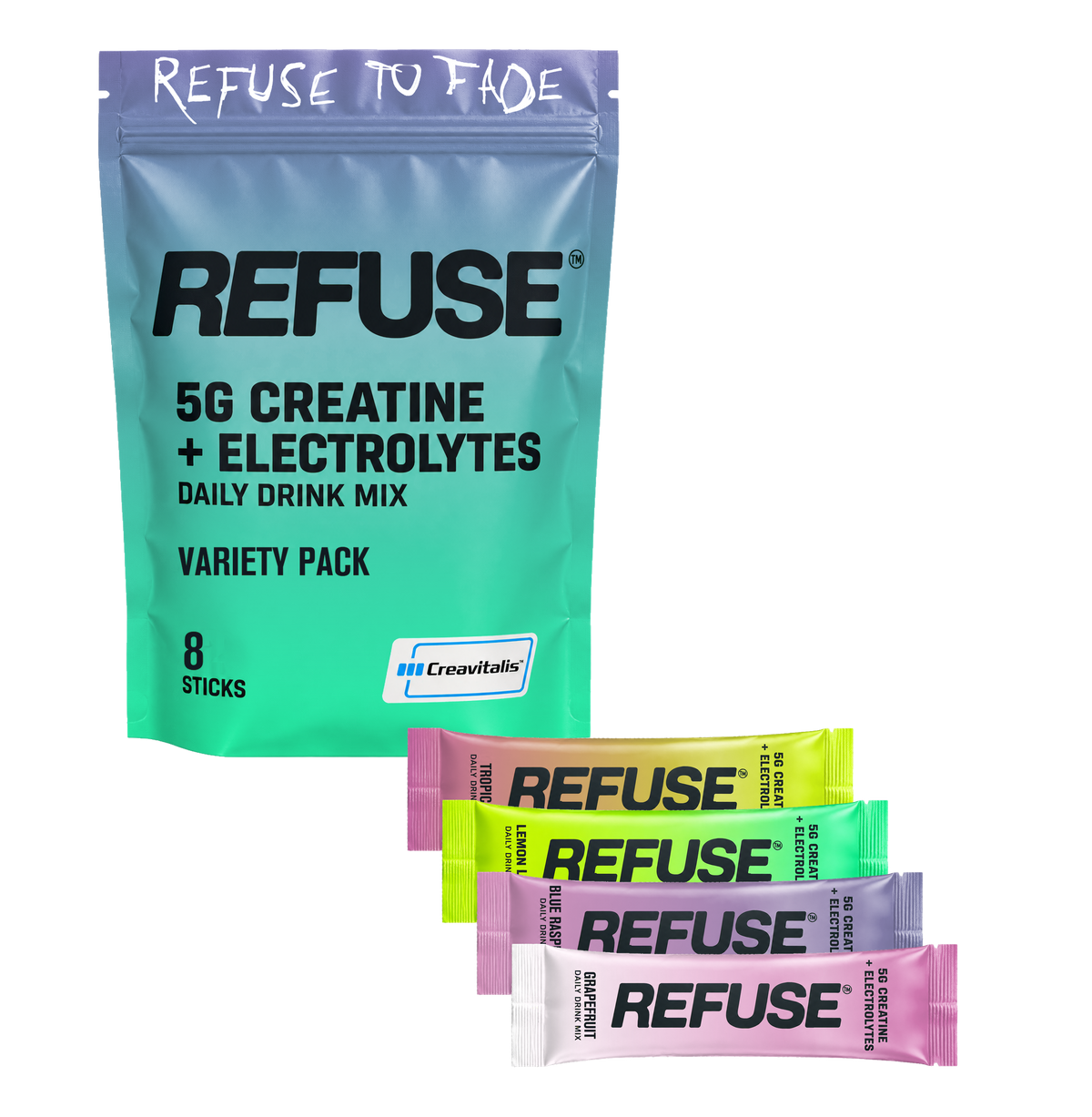 A REFUSE variety pack and three stick packs on the Chicago lakefront path, runners and cyclists going by with the skyline behind